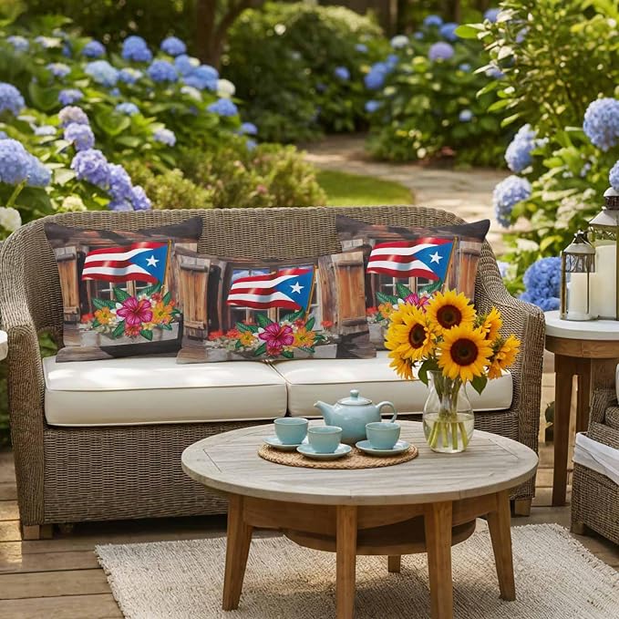 Puerto Rico Flag Outdoor Pillow Covers 18x18 Inch Throw Pillow Covers Set of 2 Waterproof Decorative Pillow Cases Farmhouse Retro Flowers American Flags Cushion Covers for Patio Furniture Garden Couch