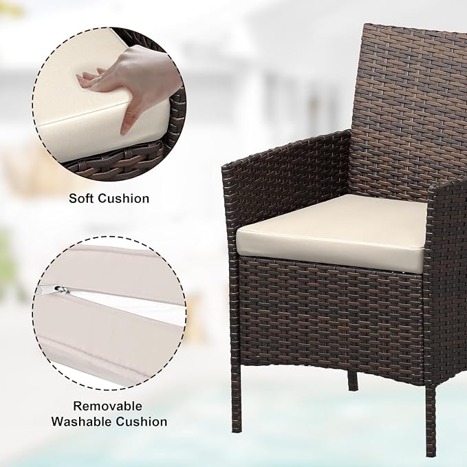 GAOMON 3 Pieces Outdoor Patio Furniture Set, PE Rattan Porch Chairs with Soft Cushion and Glass Coffee Table, Outdoor Patio Set for Backyard Porch Poolside, Brown and Beige