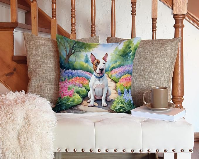 Caroline's Treasures English Bull Terrier Spring Path Throw Pillow Machine Washable, Indoor Outdoor Decorative Pillow for Couch, Bed or Patio, 14Hx14W