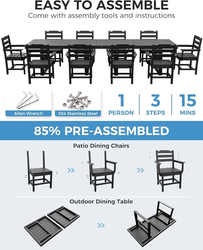 K Knowbody 12-Piece Outdoor Patio Dining Table and Chairs Set, Seats 10 | Steel-Reinforced HDPE, 100 lb/sq ft Load Capacity, 2-Inch Umbrella-Ready Tables, All-Weather, Fade-Resistant, Charcoal Black
