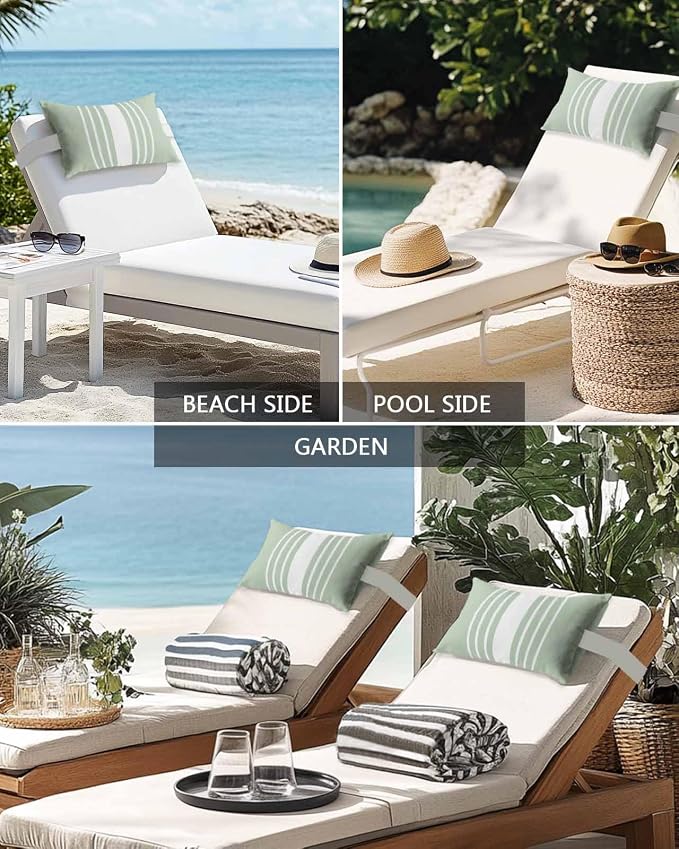 Chaise Lounge Chair Pillow with Strap & Insert Sage Green Vertical Stripes Outdoor Recliner Head Pillow Pack of 2 Classic Striped Waterproof Headrest Patio Lumbar Pillow for Beach Office Chair 12x20
