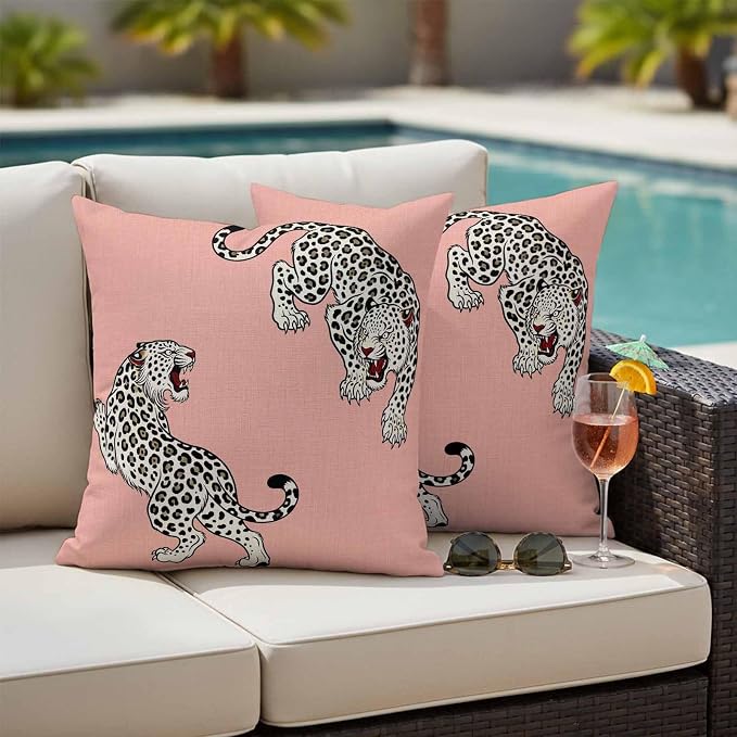 Vandarllin Outdoor Throw Pillows Covers 20x20 inch Set of 2 Waterproof Pink Leopard Decorative Zippered Cushion Covers for Patio Furniture, Bohemian Animal Print Lumbar Pillowcases