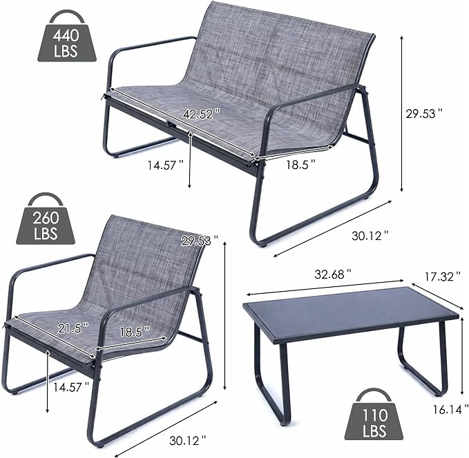 Kozyard Sofia 4-Piece Patio Conversation Set, Outdoor Furniture Set with Loveseat, 2 Chairs & Table, Breathable Textilene Seating, Powder-Coated Metal Frame, All-Weather for Balcony Backyard Gray