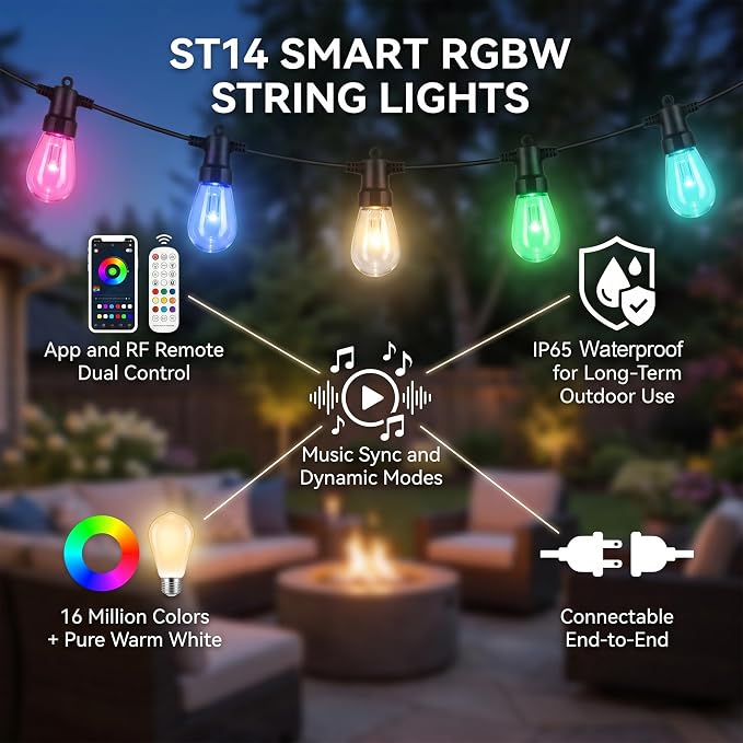 Outdoor String Lights 50FT, RGBW Clear ST14 Bulbs with App Control | 20 ST14 clear bulbs with app control, remote control, music mode, timer for backyard, pergola, deck and gatherings