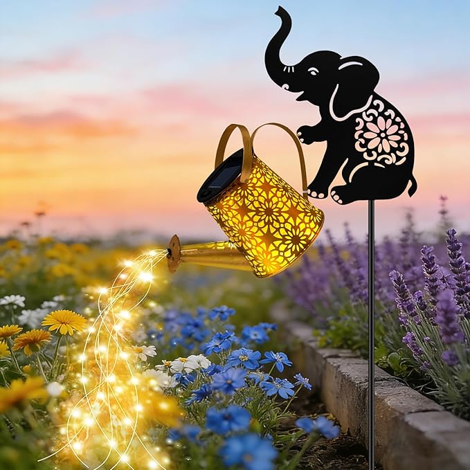 VOOKRY Solar Watering Can Lights Outdoor with Elephant Silhouette Stake, Garden Gifts for Mom, Women & Garden Lovers Waterproof Metal Garden Lantern, Decorative Yard Patio Lawn Pathway Decor(1 Pack)
