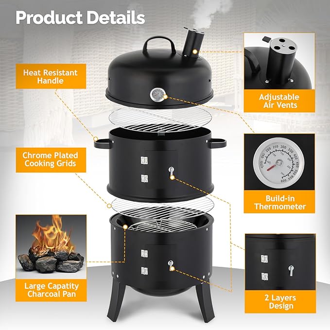 ROVSUN Upgraded 18 Inch Multi-Layer Charcoal Smoker Grill with Chimney, Heavy Duty Round Grill, Vertical Smoker with Thermometer, for Outdoor Cooking, Patio, Parties, Backyard BBQ