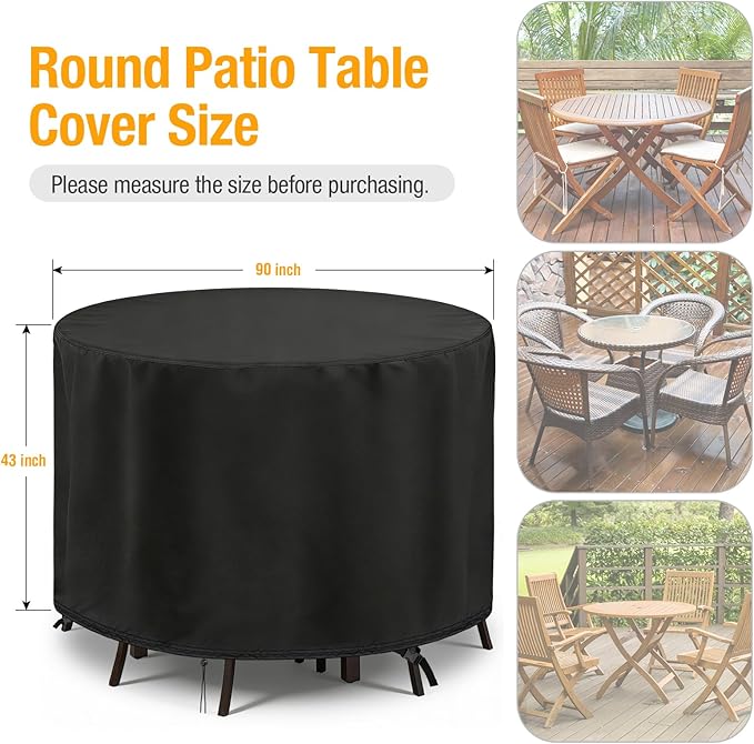 POMER Patio Furniture Set Cover, Round Bar Height Table and Chair Cover 90inch Waterproof Outdoor Tall High Table Cover for Round Furniture Set (Upgrade Material: 90" D x 43" H)
