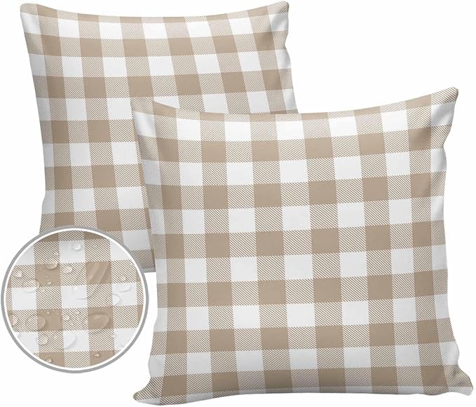 Outdoor Waterproof Throw Pillow Covers Set of 2 Khaki Buffalo Check Plaid Pillowcases 26x26 Inches Farmhouse Style Patio Decorative Pillows Cushion Case Patio Pillows for Couch Bed Chair Garden