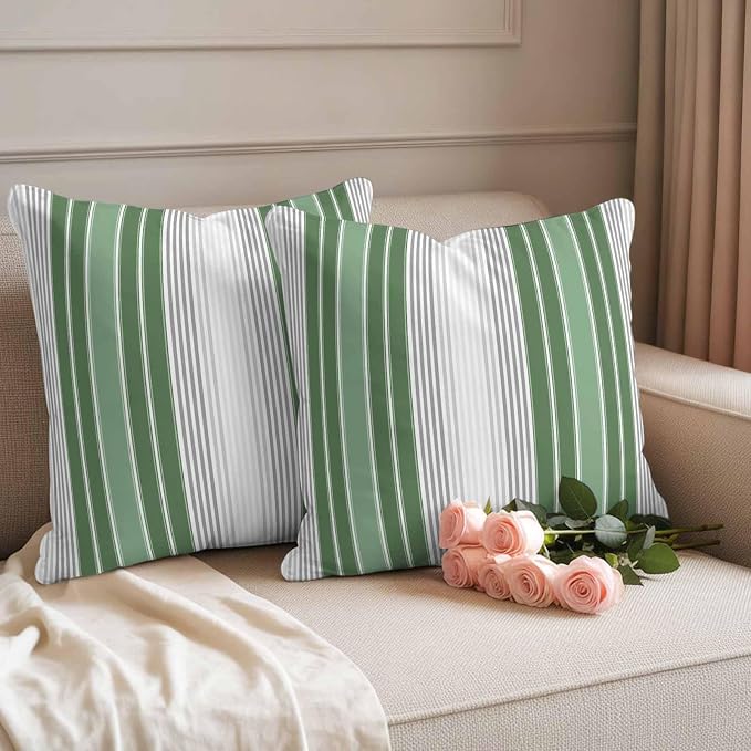 Chucoco Outdoor Waterproof Throw Pillow Cover, Green White Striped Decorative Pillows Cushion Covers, Classic Geometric Line 2 Pack Pillow Cases for Patio Garden Balcony Couch Sofa 24x24in