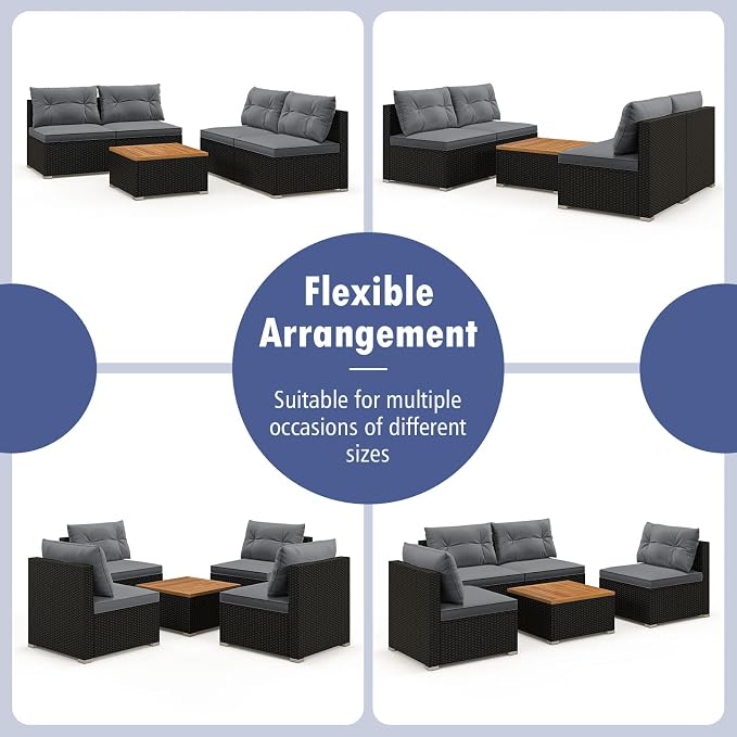 Tangkula 5 Pieces Wicker Patio Furniture Set, Outdoor 4 Armless Rattan Sofa & Coffee Table Set, with Cushions, Acacia Wood Tabletop, Sectional Patio Conversation Set for Lawn, Yard, Poolside, Grey