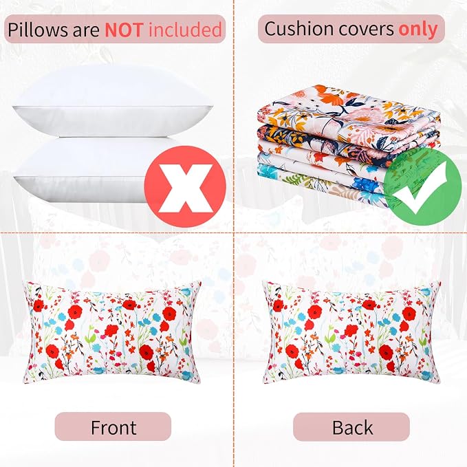 Outdoor Floral Lumbar Pillow Covers Decorative Summer Waterproof Throw Pillow Covers Red Garden Cushion Sham Throw Pillowcase 12x20 Inch Set of 2 Outside Decor for Sofa Furniture Patio Garden Tent