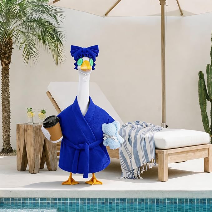 Celltestria Lady Goose Outfits for 23" Geese Blue Bathrobe Porch Goose Costume Coffee Cup Bear Cucumber Eye Mask Goose Clothes for Outdoor Patio Yard Lawn Garden Decoration