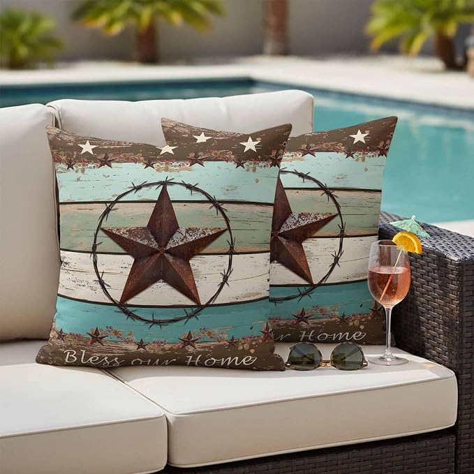 Teal Brown Texas Star Vintage Outdoor Pillow Covers 16x16 Inch Throw Pillow Covers Set of 2 Waterproof Decorative Pillow Cases Farmhouse Country Wooden Cushion Covers for Patio Furniture Garden Couch