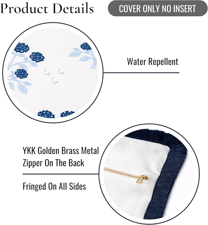 Hofdeco Premium Coastal Hampton Patio Indoor Outdoor Lumbar Pillow Cover Only, 12"x20" Water Repellent for Backyard, Couch, Poolside, Navy Blue Print Hydrangea Flowers