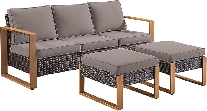 3 Pieces Patio Sofa Set with Metal Arm, High Back Wicker Sectional Outdoor Sofa with Ottomans, Outdoor Seating Furniture High Back Conversation Set for Balcony Deck Porch Backyard, Grey