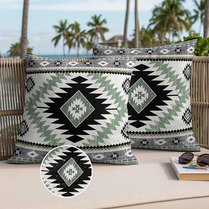 Green Gray Boho Waterproof Outdoor Pillow Covers Set of 2 Home Decor Southwestern Ethnic Abstract Geometric Pillowcase Patio Pillow Covers for Couch Bench Furniture Garden 24x24in