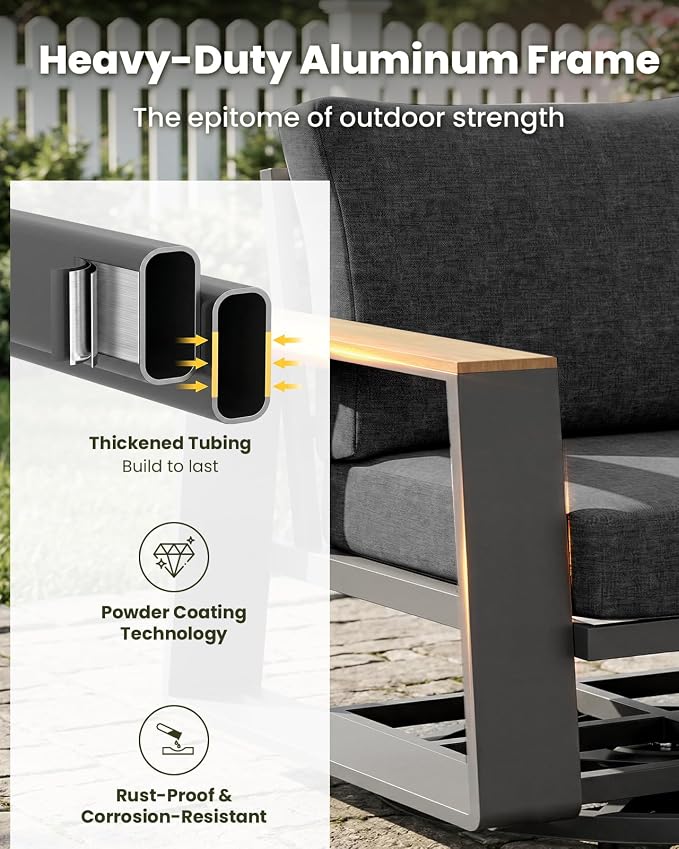 Aluminum Outdoor Patio Furniture Set, 4-Piece Patio Conversation Set with 5" Thick Cushions, Aluminum 360-Degree Large Outdoor Furntiure Set with Side Table and Loveseat, Graphite