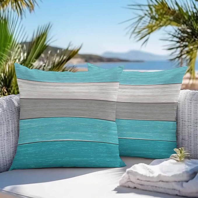 Outdoor Throw Pillow Covers 24X24 Set of 2 Waterproof Ombre Aqua Blue Gray Decorative Zippered Cushion Covers for Patio Furniture, Farmhouse Retro Rustic Barn Wood Texture Lumbar Pillowcases
