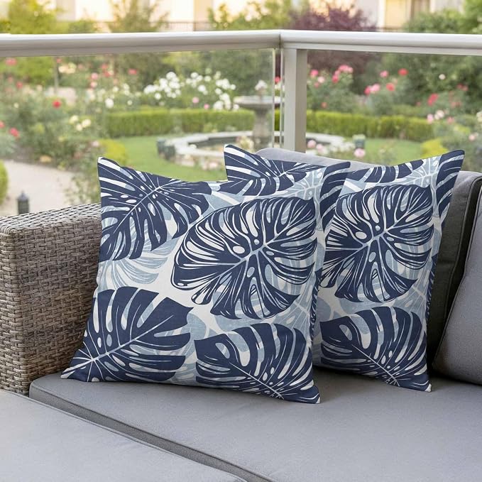 Navy Blue Leaf Outdoor Pillow Covers Set of 2 Tropical Country Watercolor Jungle Botanical Leaves Waterproof Throw Pillow Cover Decorative Cushion Cases for Patio Porch Garden 16X16 Inch