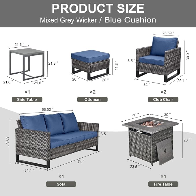 Belord 7 Pieces Patio Furniture Set with 50000BTU Propane Fire Pit Table: Wicker Patio Conversation Set with Outdoor Club Chairs Patio Couch Metal Side Table, All Weather Brown Rattan