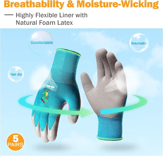 KDK 5 Pairs Kids Gardening Gloves Yard Work Gloves Children Soft Safety Rubber Coated Glove for Toddlers Youth Girls Boys Children (3-5yr S)