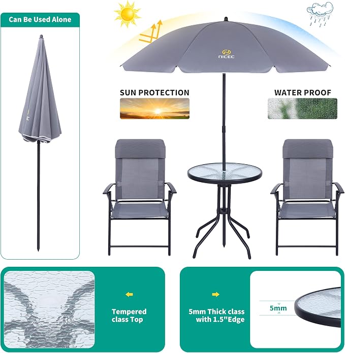 Nice C Patio Set with Umbrella, Outdoor Dinning Set, Patio Furniture Set, Patio Table Chair with Umbrella, Table and Chairs, 4-Piece Garden Furniture Set, Glass Table, 2 Folding Chairs&Umbrella (Grey)