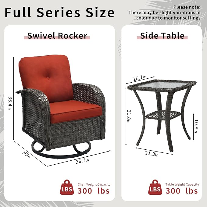 3 Piece Outdoor Swivel Rocker Patio Chairs, All-Weather Rattan Chair, Wicker Glider Patio Furniture Set with Side Table, for Garden, Backyard, Deck, Gray Rattan & Red Cushions