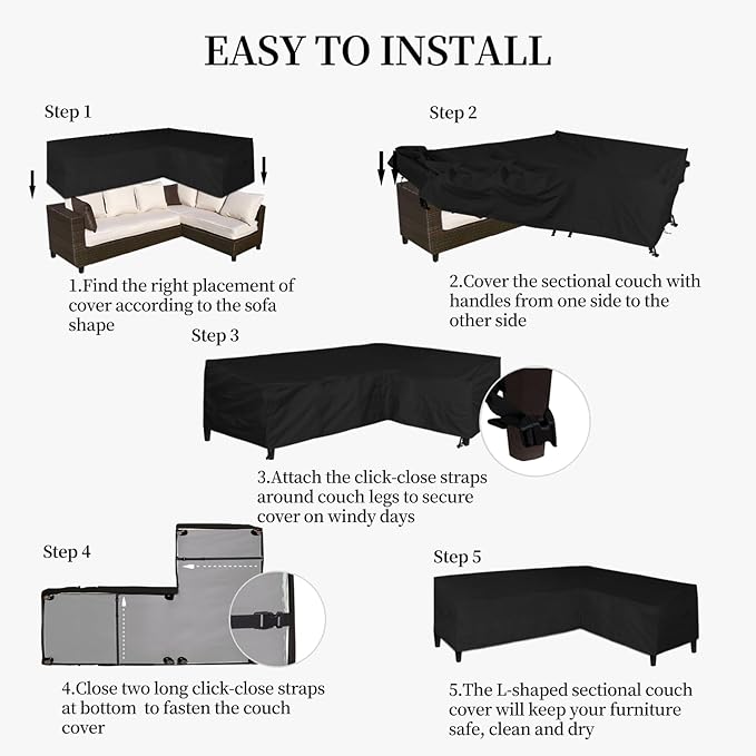 Easy-Going Patio L-Shaped Sectional Sofa Cover, 110"X85" Waterproof Heavy Duty Outdoor Garden Furniture Cover with Air Vent (Right Facing, Black)