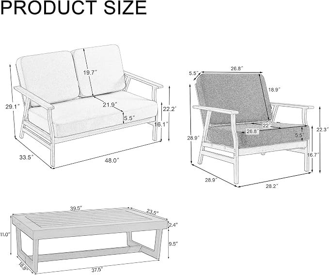 4 Pieces Patio Furniture Sets, Black Wood Outdoor Sectional Furniture with Coffee Table, 4 Seats Patio Sofa Couch Conversation Set for Backyard Deck - Dark Gray