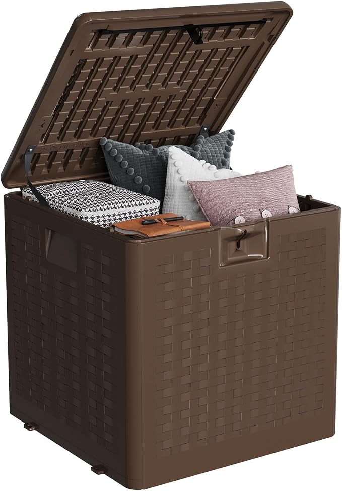 28 Gallon Outdoor Storage Box, Large Resin Deck Box with Lockable Lid & UV Resistant, All-Weather Deck Box for Patio Furniture, Pool Accessories, Gardening Tools, Brown