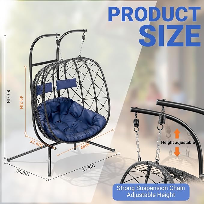 CHABATREE Double Egg Swing Chair with Stand - 2 Person Outdoor Patio Hanging Wicker Hammock Chair with Cushion, Dark Grey, for Garden, Lawn, Bedroom, Indoor/Outdoor Use