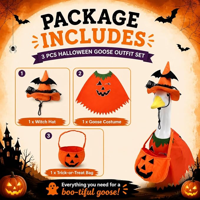 STONESTAR Halloween Porch Goose Outfits for 23'' Lawn Geese Statue Goose Costume with Witch Hat Pumpkin Outfits Candy Treat Bag, Outdoor Garden Goose Decor for Patio Yard Lawn Art Halloween Ornament