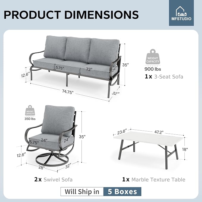 MFSTUDIO 4 Pieces Patio Conversation Sets(5 Seat),Outdoor Metal Furniture Sofas with 1 Loveseat(3 Seat), 2 Swivel Chairs,1 Coffee Table,Wrought Iron with Grey Cushion for Patio Courtyard Balcony