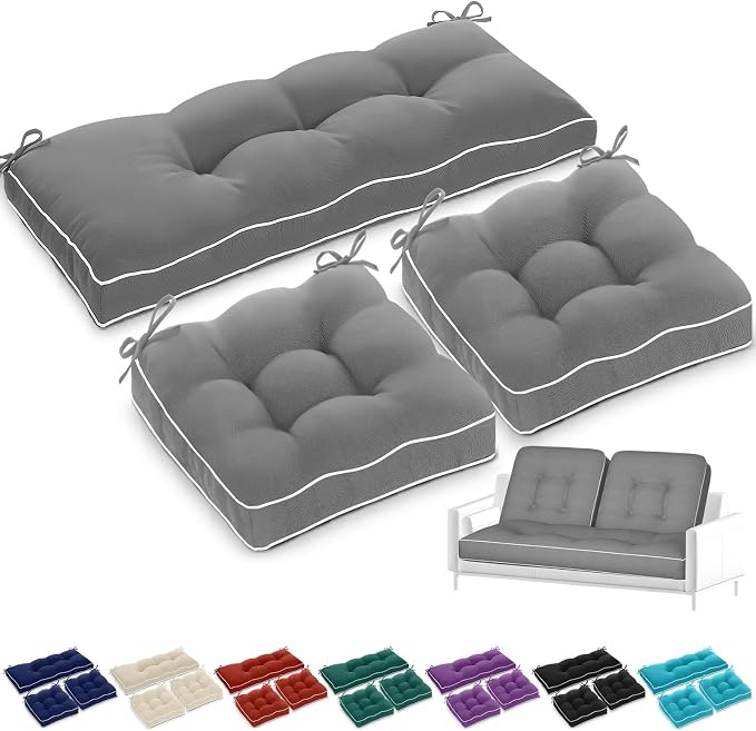 Wenqik 44 x 19 x 4 Inch Outdoor Bench Cushion Set of 3 Waterproof Tufted 1 Patio Loveseat Cushions and 2 Square Chair Seat Pad for Outdoor Furniture Couch Swing Sofa Wicker Settee(Gray)