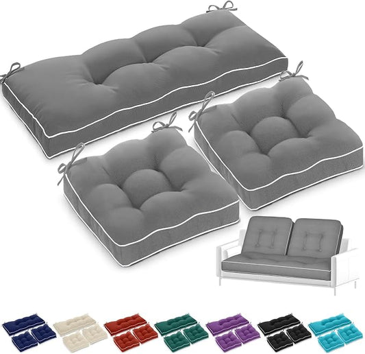 Wenqik 44 x 19 x 4 Inch Outdoor Bench Cushion Set of 3 Waterproof Tufted 1 Patio Loveseat Cushions and 2 Square Chair Seat Pad for Outdoor Furniture Couch Swing Sofa Wicker Settee(Gray)