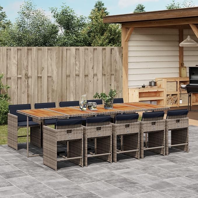 11 Piece Patio Dining Set with Cushions Gray Poly Rattan Outdoor Furniture Table and 10 Chairs for Backyard Garden Deck Dining Relaxing UV-Proof Acacia Wood Foldable heavy-duty 242. 5 lb Capacity