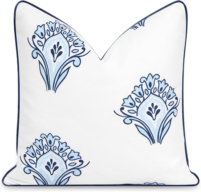 Hofdeco Premium Coastal Patio Indoor Outdoor Throw Pillow Cover Only, 20"x20" Water Repellent for Backyard, Couch, Navy Blue Floral with Piping