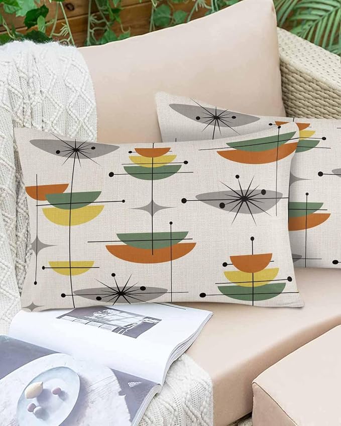 Vandarllin Outdoor Throw Pillows Covers 20x12 inch Set of 2 Waterproof Boho Mid Century Decorative Zippered Cushion Covers for Patio Furniture, Sage Green Yellow Geometric Abstract Lumbar Pillowcases