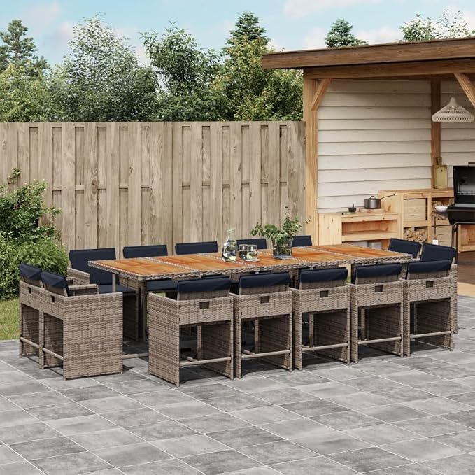 15 Piece Patio Dining Set, 14-Seater Outdoor PE Rattan Furniture with Acacia Wood Table and Cushioned Chairs, Space-Saving Cube Design for Garden Backyard