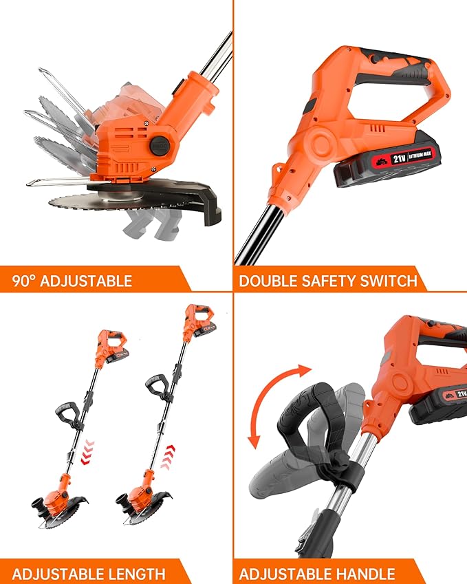 3 in 1 Cordless Weed Wacker, 21V Battery Powered Weed Eater, Lightweight Grass Trimmer/Edger/Lawn Mower/Brush Cutter with 2 x 2.0Ah Batteries and 3 Types Blade for Garden and Yard