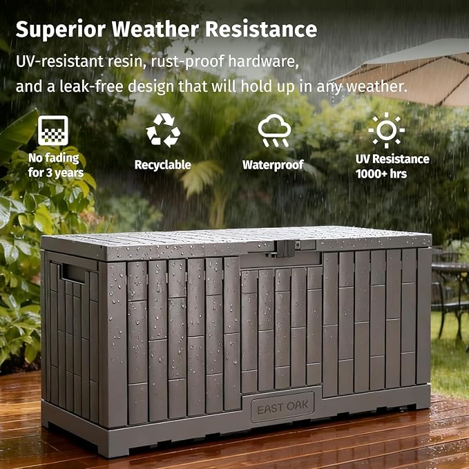 EAST OAK 120 Gallon Outdoor Storage Box | Large Resin Deck Box with Reinforced Stainless Steel Support | Waterproof & UV-Resistant Patio Storage Box for Cushions, Garden Tools & Pool Accessories, Grey