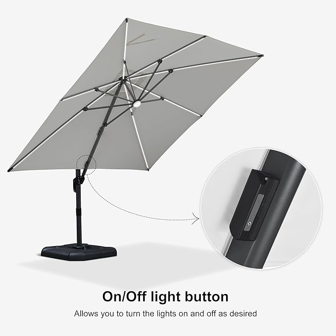 PURPLE LEAF 10 Feet Patio Umbrella Outdoor Cantilever Solar Powered LED Square Umbrella Aluminum Offset Umbrella with 360-degree Rotation for Garden Deck Pool Patio White