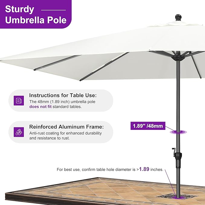 PURPLE LEAF 11.5' x 8' Rectangle Patio Market Umbrella with Base Outdoor Table Umbrellas Aluminum Frame Sun Shade with 8 Sturdy Ribs for Garden Deck Lawn Pool White
