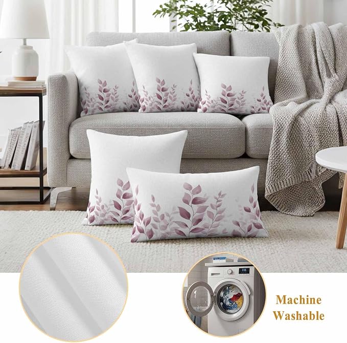 Pink Eucalyptus Outdoor Waterproof Throw Pillow Covers 18x18 Set of 2, Leaf Plants Watercolor Plant White Decorative Pillowcases Cushion Pillowcase for Couch Sofa Patio Outside Pillow Protector