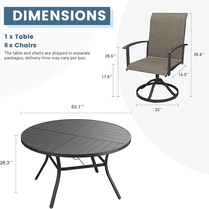 DIFY 7 Pieces Outdoor Dining Set, Metal Patio Table and Chairs Set for 6 with Umbrella Hole, 53.1" Black Round Table and Brown Textilene Swivel Patio Chairs for Garden, Backyard, Poolside