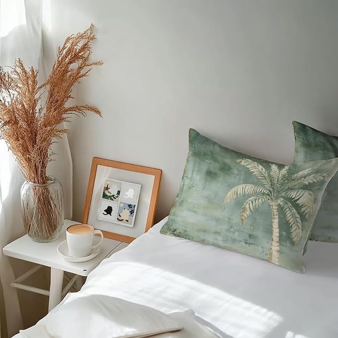 Coastal Beach Tree Sage Green Outdoor Waterproof Pillow Covers, Vintage Summer Palm Tropical Botanical Decorative Rectangle Throw Pillowcase Sofa Cushion Sham for Patio/Couch/Chair, 20"x12" 2 Pack