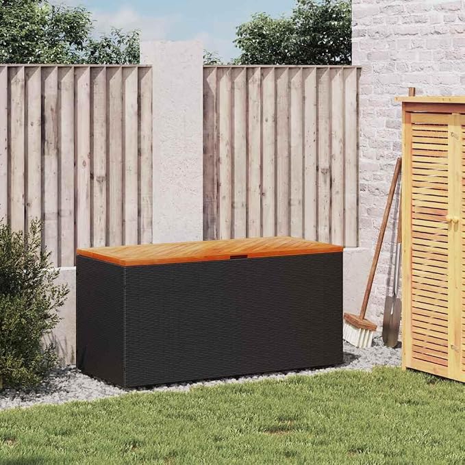 Garden Storage Box, Poly Rattan Patio Deck Box with Gas Spring Lid, Large Outdoor Storage Container for Cushions and Pillows, 43.3 x 19.7 x 21.3 inches, Black