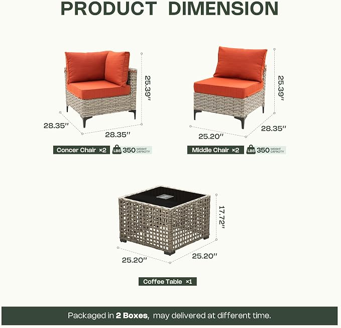 5 Piece Outdoor Sectional Patio Furniture Set with Solar Lighted Coffee Table, Modular Wicker Conversation Set with Flexible L-Shaped Layout for Porch Balcony Backyard, Orange