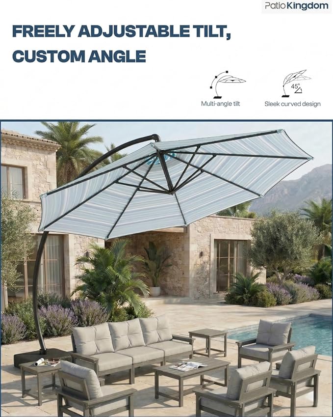 11 FT Cantilever Umbrella with Base Included, Large Round 360° Rotation Offset Umbrella Outdoor Patio, Heavy Duty Aluminum Frame, Sand-Weighted Stand, for Deck, Backyard, Pool, Garden (Blue and green stripes)