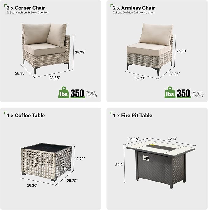 6 Pcs Patio Furniture with Fire Pit Table, Outdoor Rattan Wicker Conversation Set with Glowing Coffee Table, Comfy Sectional Sofa for Porch Balcony Backyard Pool, Beige